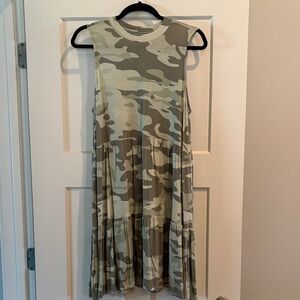 Mud Pie Sleeveless Camo Tiered Tank Dress in Olive and Cream